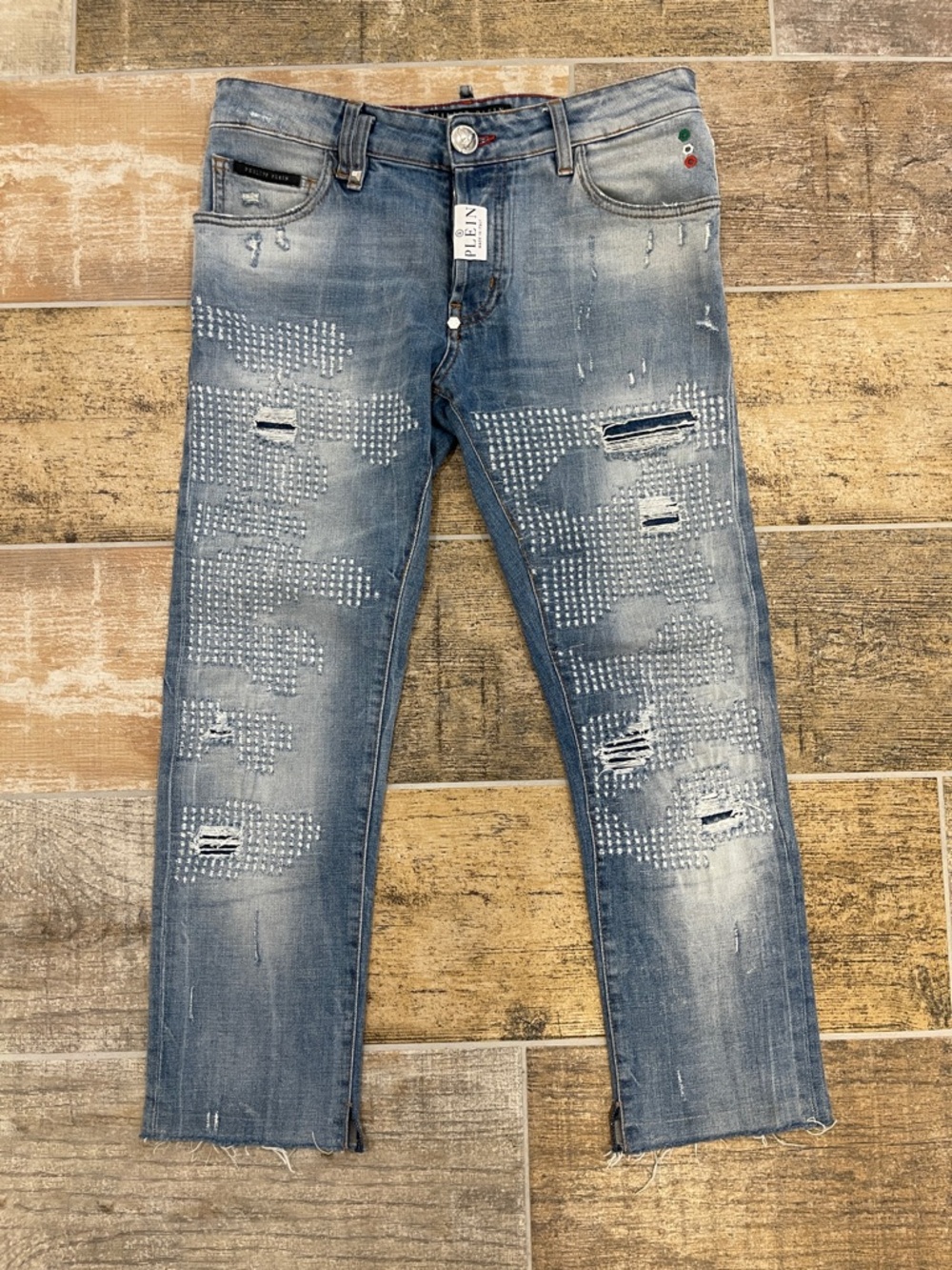 Philipp Plein Distressed Blue Jeans Super Straight Cut "Premium" Size 30